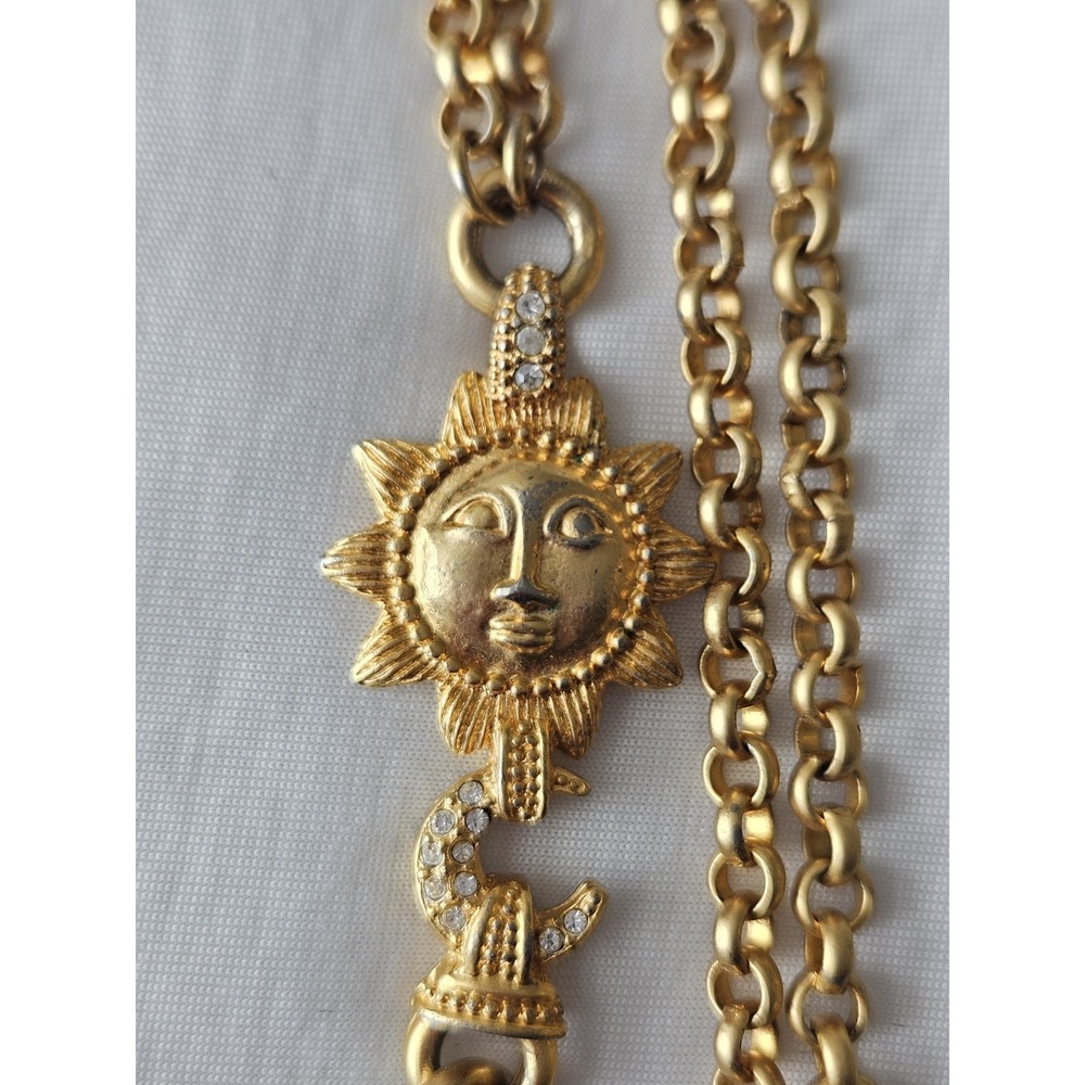 Gold Tone Chunky Double Chain Sun + Moon + Jewel Necklace W/ Lobster Clasp - Picture 4 of 7